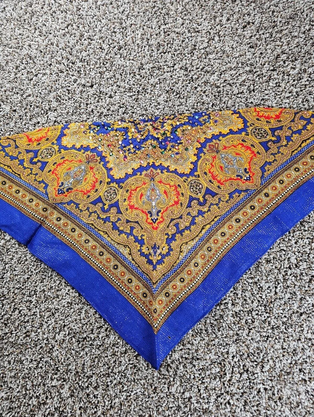 vintage-style blue floral headscarf Babushka Blue Gold Embellished Boho
